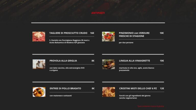 Progettazione del menu digitale Maxelà Modena: antipasti, tartare di Fassona e primi piatti